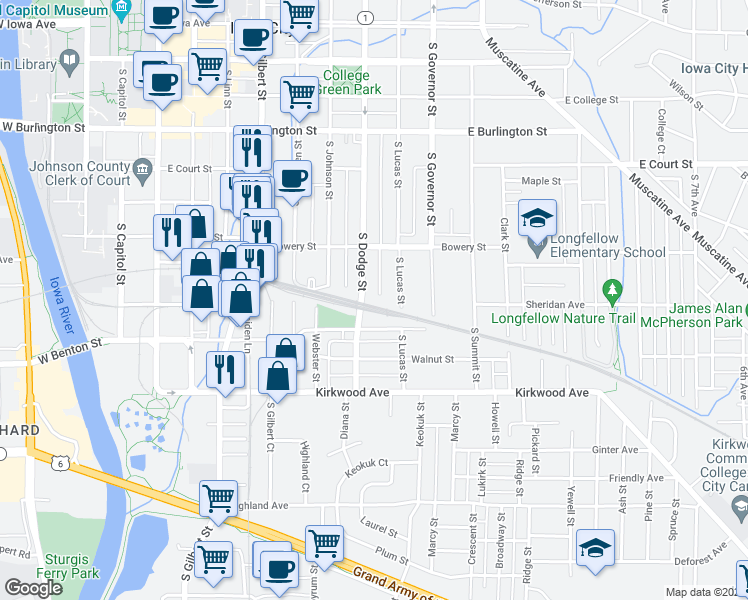 map of restaurants, bars, coffee shops, grocery stores, and more near 814 Page Street in Iowa City