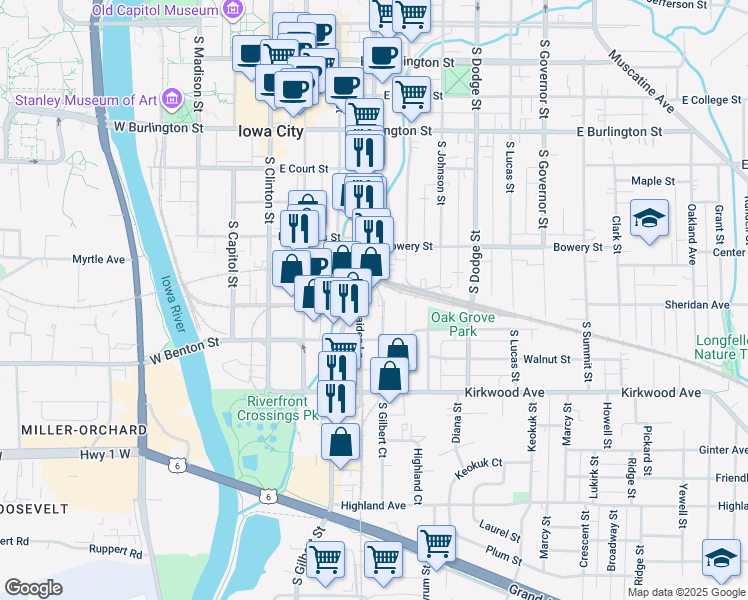map of restaurants, bars, coffee shops, grocery stores, and more near 815 South Gilbert Court in Iowa City