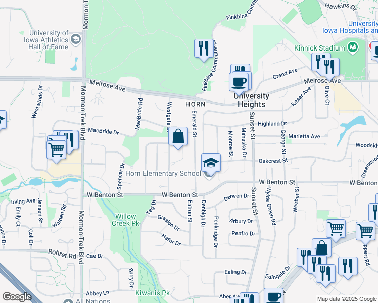 map of restaurants, bars, coffee shops, grocery stores, and more near 425 Koser Avenue in Iowa City