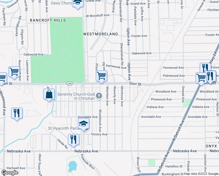 map of restaurants, bars, coffee shops, grocery stores, and more near 1211 Waverly Avenue in Toledo