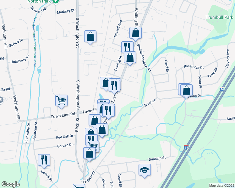 map of restaurants, bars, coffee shops, grocery stores, and more near 452 East Street in Plainville
