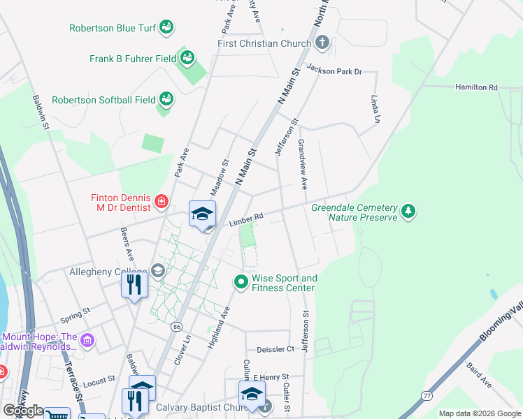 map of restaurants, bars, coffee shops, grocery stores, and more near 380-390 Highland Avenue in Meadville