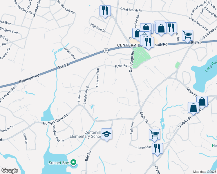 map of restaurants, bars, coffee shops, grocery stores, and more near 52 Meadow Farm Road in Barnstable