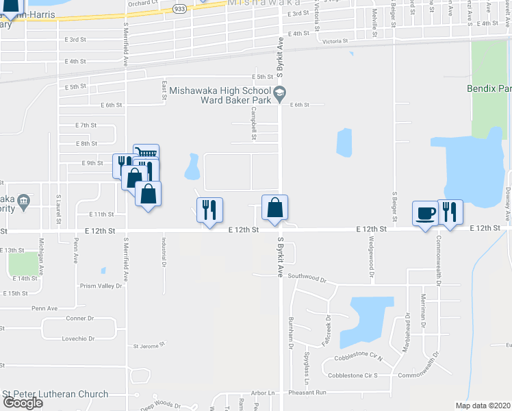 map of restaurants, bars, coffee shops, grocery stores, and more near 1310 East 11th Street in Mishawaka