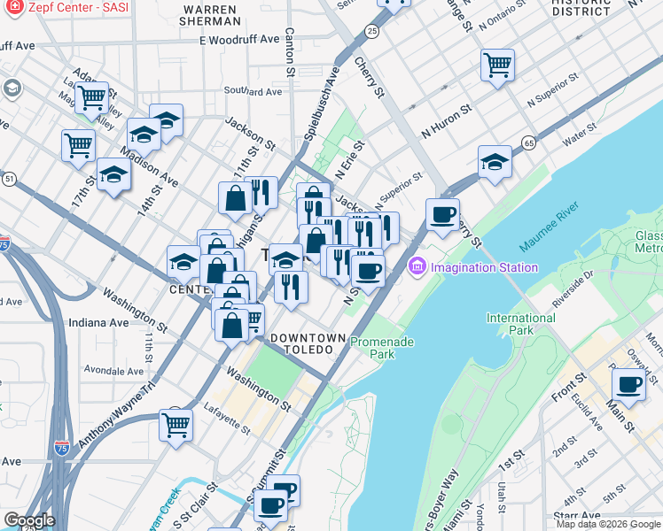 map of restaurants, bars, coffee shops, grocery stores, and more near 513 Madison Avenue in Toledo