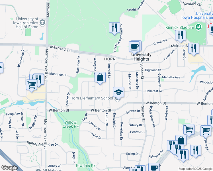 map of restaurants, bars, coffee shops, grocery stores, and more near 425 Koser Avenue in Iowa City