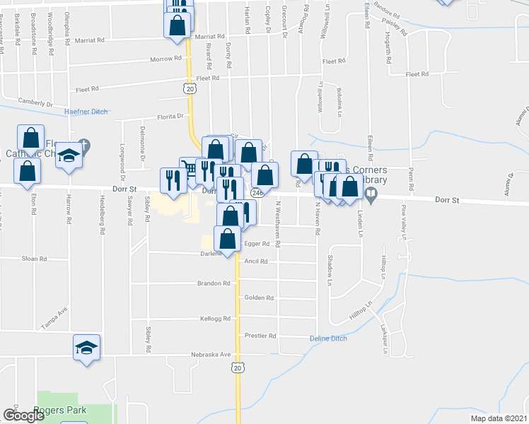 map of restaurants, bars, coffee shops, grocery stores, and more near 1301 North Westhaven Road in Toledo