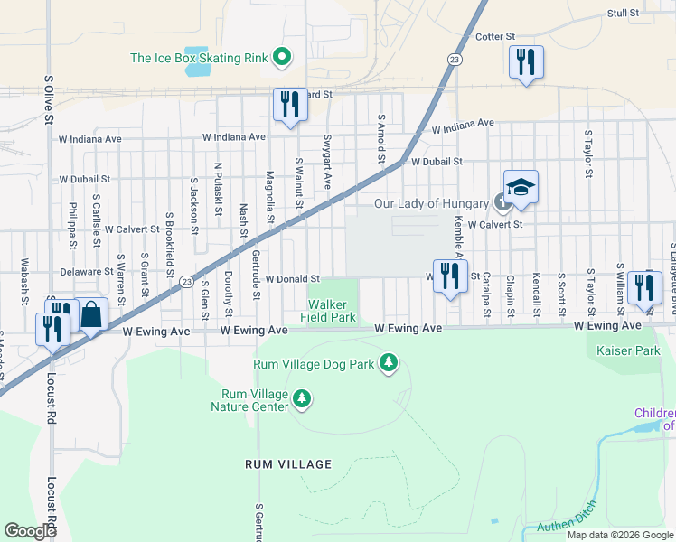 map of restaurants, bars, coffee shops, grocery stores, and more near 2026 Swygart Avenue in South Bend