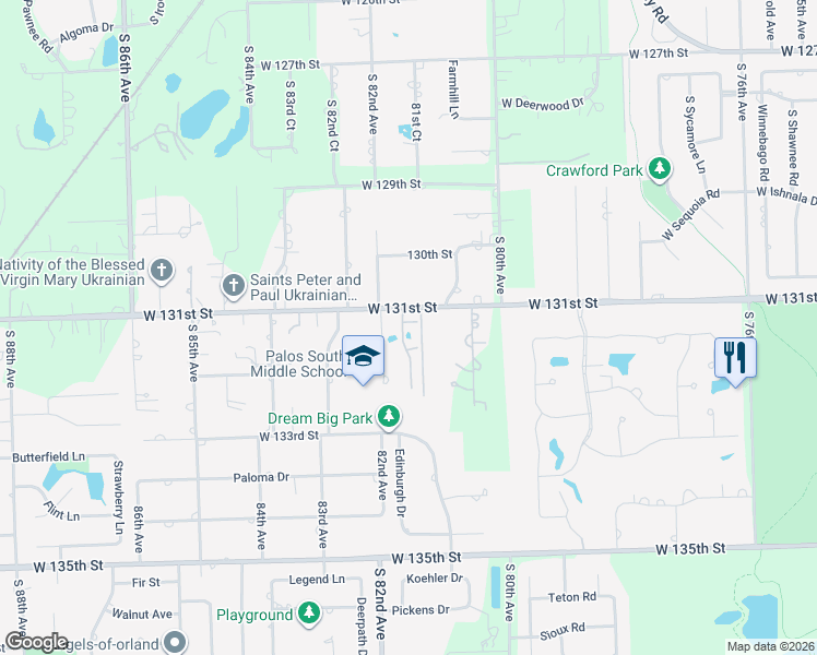 map of restaurants, bars, coffee shops, grocery stores, and more near 3 Kerry Way in Palos Heights