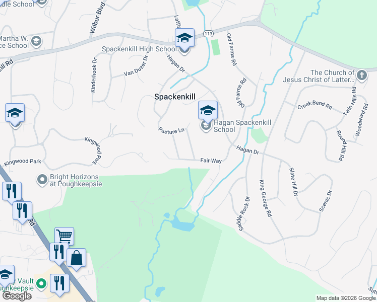 map of restaurants, bars, coffee shops, grocery stores, and more near 24 Fair Way in Poughkeepsie