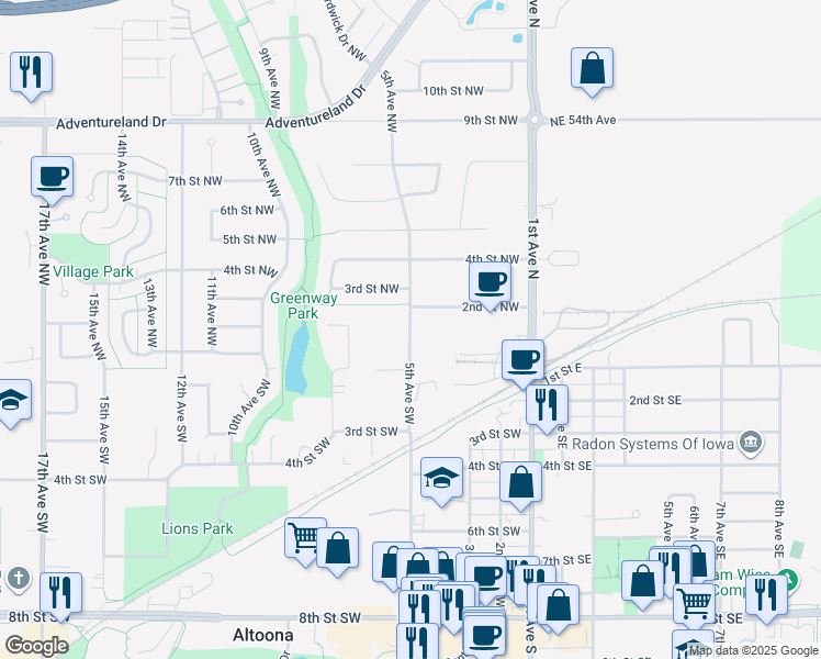 map of restaurants, bars, coffee shops, grocery stores, and more near 200 5th Avenue Northwest in Altoona