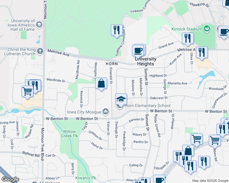 map of restaurants, bars, coffee shops, grocery stores, and more near 627 Emerald Street in Iowa City