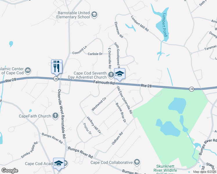 map of restaurants, bars, coffee shops, grocery stores, and more near 21 Westwind Circle in Barnstable