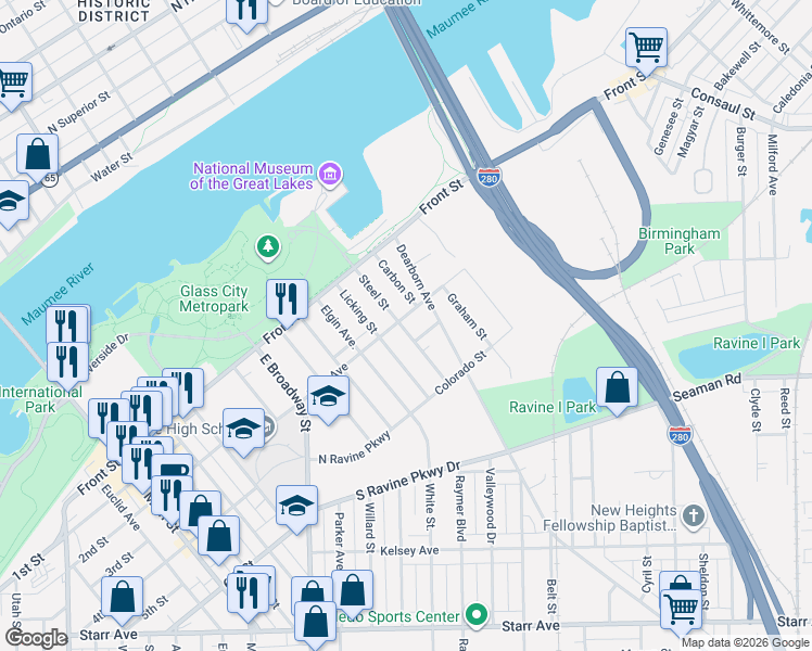 map of restaurants, bars, coffee shops, grocery stores, and more near 213 Licking Street in Toledo