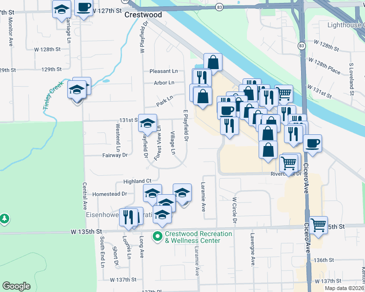 map of restaurants, bars, coffee shops, grocery stores, and more near 13217 East Playfield Drive in Crestwood