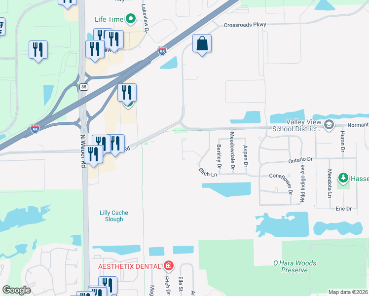 map of restaurants, bars, coffee shops, grocery stores, and more near 673 Elizabeth Court in Romeoville