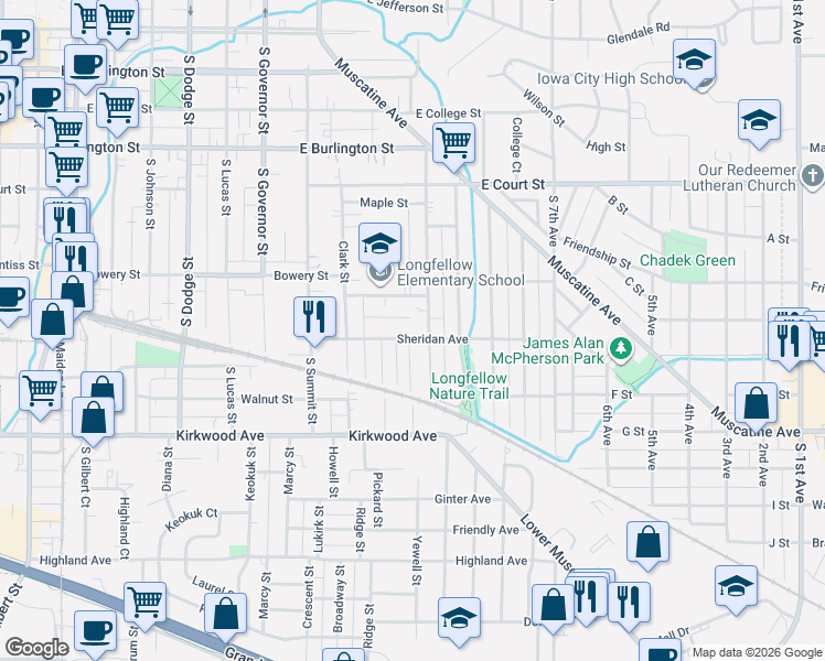 map of restaurants, bars, coffee shops, grocery stores, and more near 1231 Sheridan Avenue in Iowa City