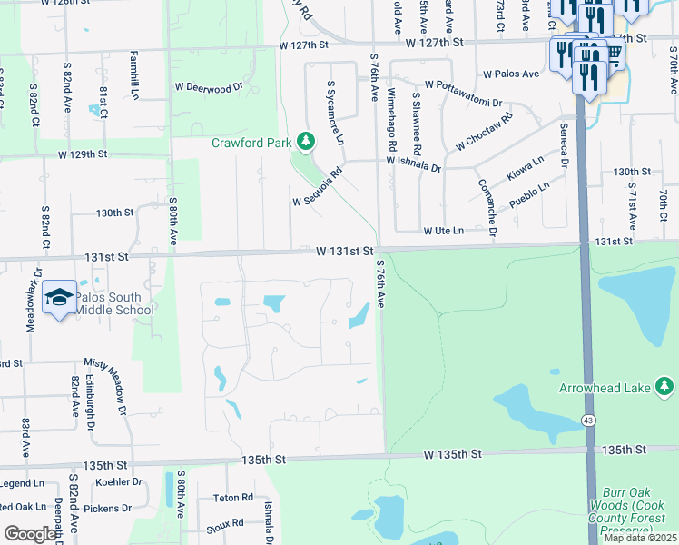 map of restaurants, bars, coffee shops, grocery stores, and more near 7645 Golf Drive in Palos Heights