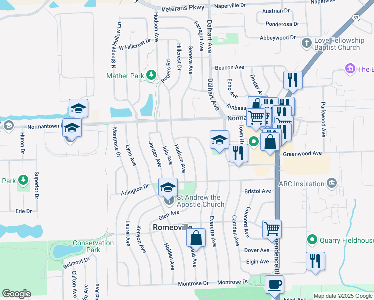 map of restaurants, bars, coffee shops, grocery stores, and more near 616 Hudson Avenue in Romeoville