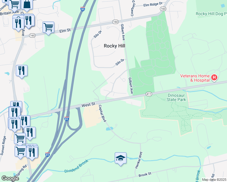 map of restaurants, bars, coffee shops, grocery stores, and more near 64 Butternut Lane in Rocky Hill
