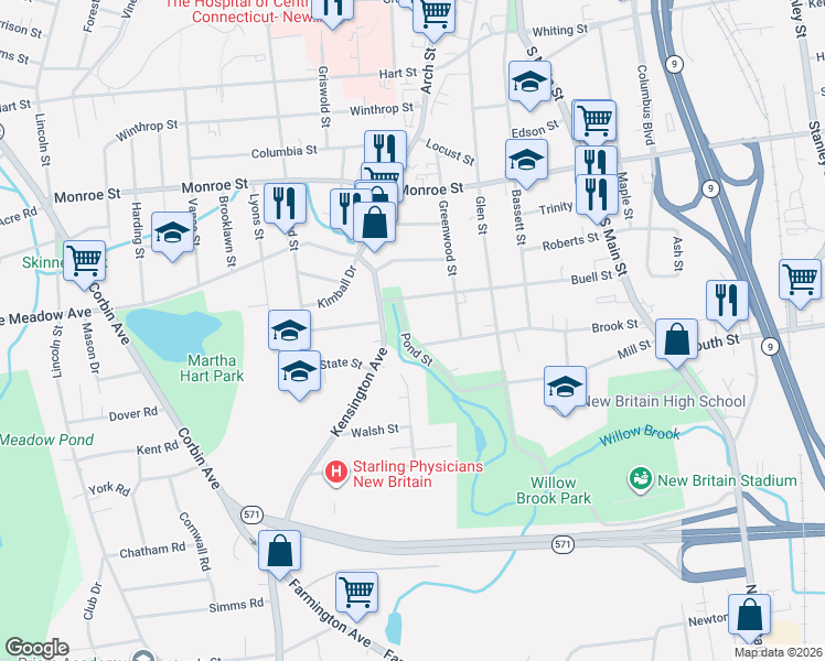 map of restaurants, bars, coffee shops, grocery stores, and more near 101 Kensington Avenue in New Britain