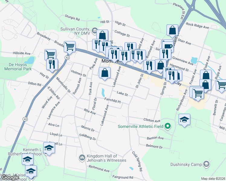 map of restaurants, bars, coffee shops, grocery stores, and more near 51 Lakewood Avenue in Monticello