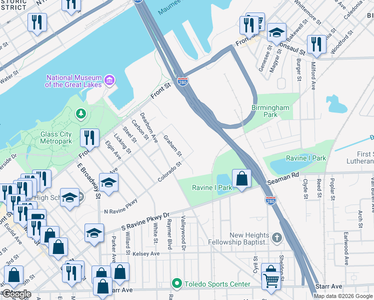map of restaurants, bars, coffee shops, grocery stores, and more near in Northwood
