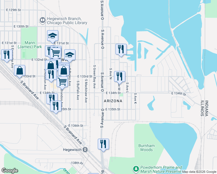 map of restaurants, bars, coffee shops, grocery stores, and more near 13357 South Avenue North in Chicago