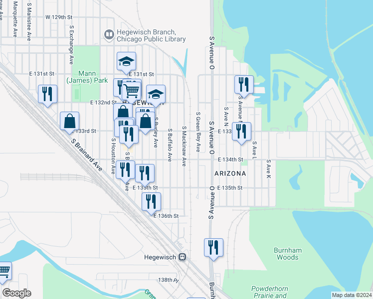 map of restaurants, bars, coffee shops, grocery stores, and more near 13346 South Green Bay Avenue in Chicago
