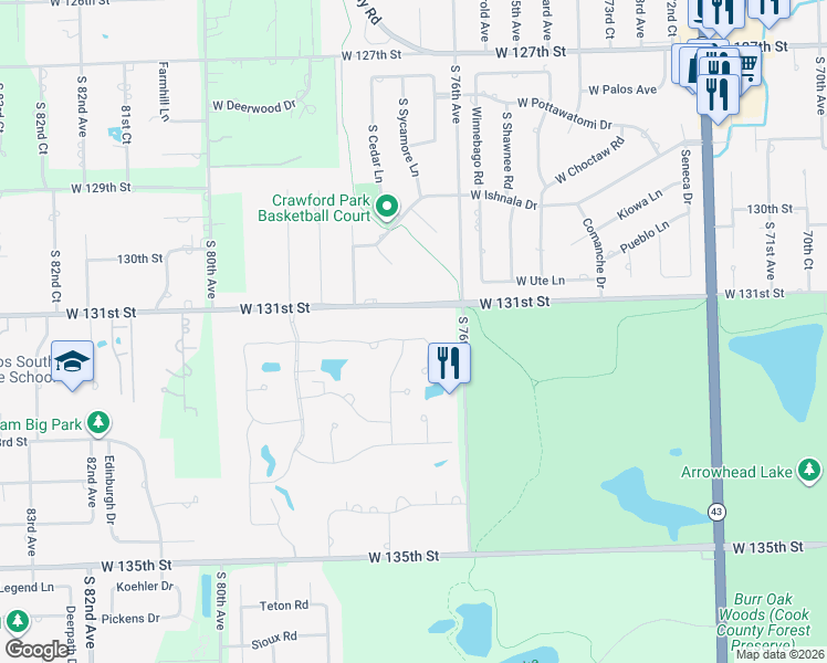 map of restaurants, bars, coffee shops, grocery stores, and more near 7711 West Oak Ridge Court in Palos Heights