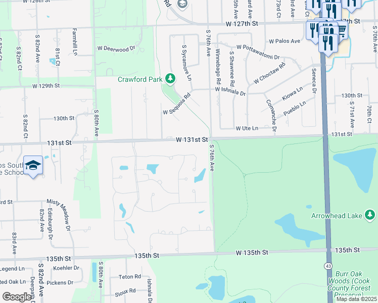 map of restaurants, bars, coffee shops, grocery stores, and more near 7645 Golf Drive in Palos Heights