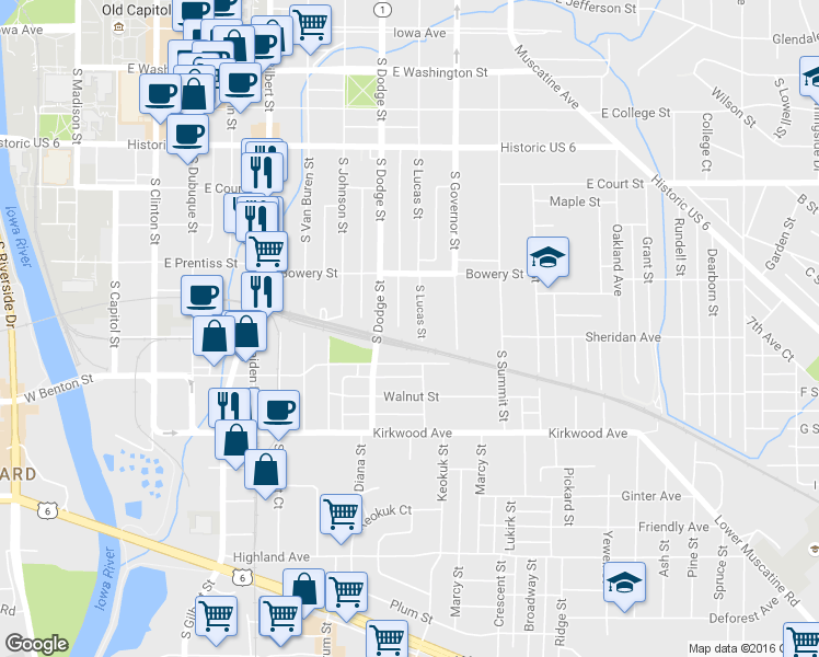 map of restaurants, bars, coffee shops, grocery stores, and more near 658 South Lucas Street in Iowa City