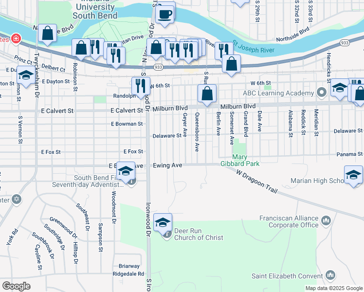 map of restaurants, bars, coffee shops, grocery stores, and more near 1015 Geyer Avenue in Mishawaka