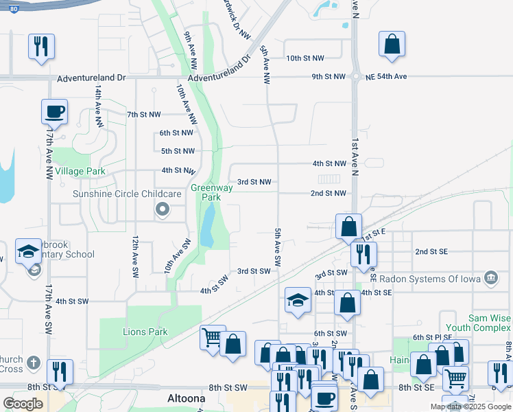 map of restaurants, bars, coffee shops, grocery stores, and more near 112 5th Avenue Northwest in Altoona