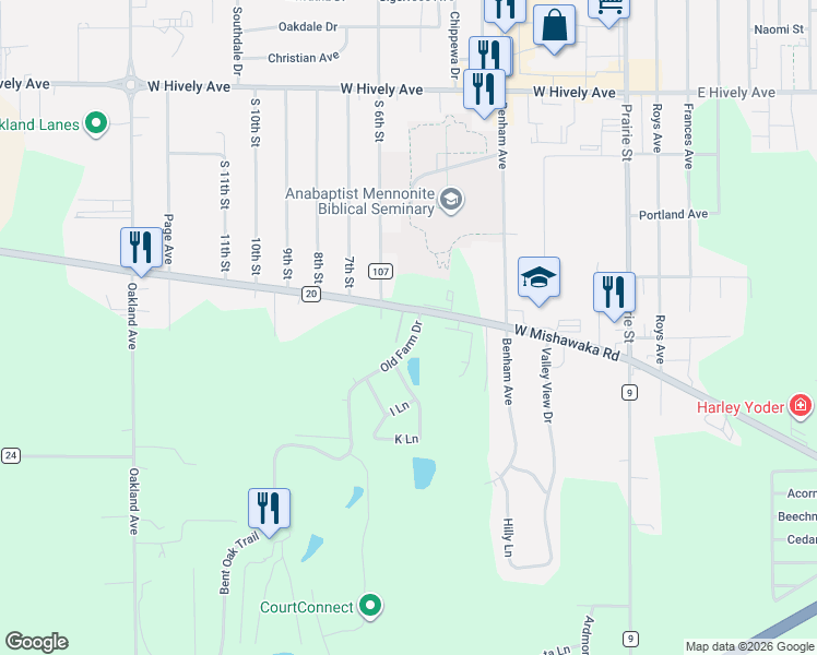 map of restaurants, bars, coffee shops, grocery stores, and more near 3310 C Lane in Elkhart
