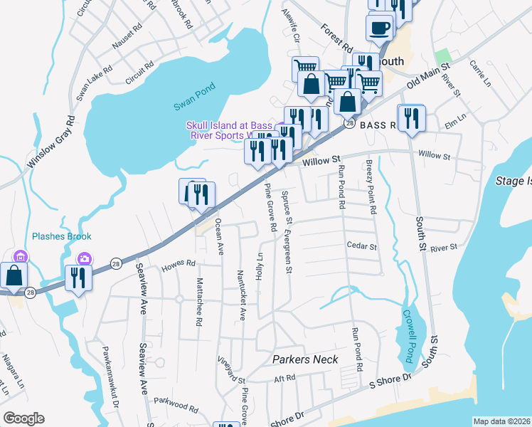 map of restaurants, bars, coffee shops, grocery stores, and more near 34 Bannister Lane in Yarmouth