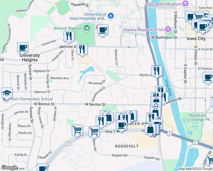 map of restaurants, bars, coffee shops, grocery stores, and more near 614 Greenwood Drive in Iowa City