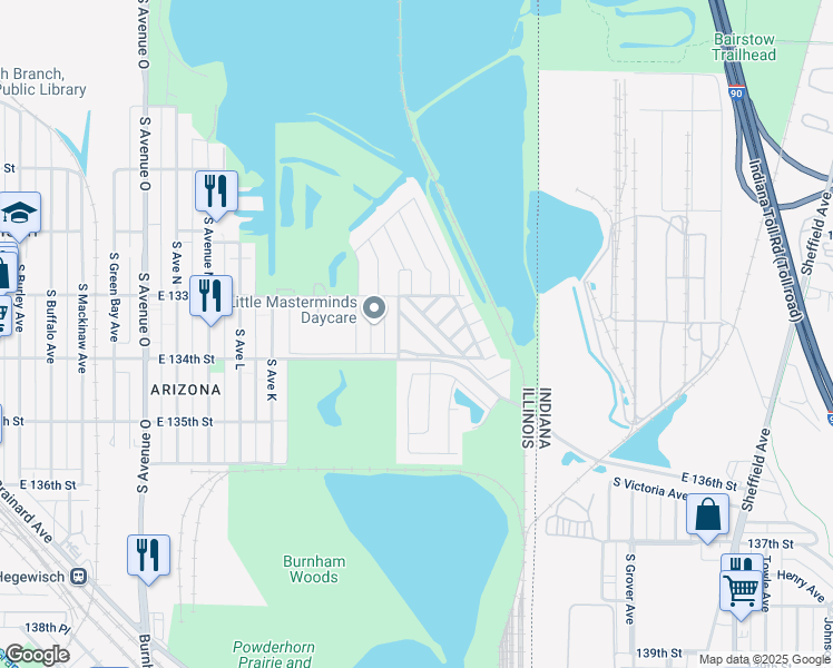 map of restaurants, bars, coffee shops, grocery stores, and more near 4000 East 134th Street in Chicago