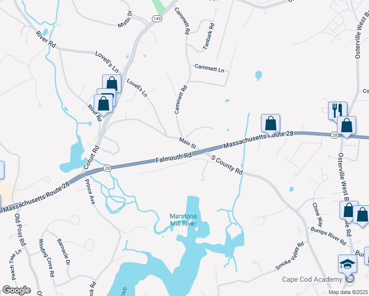 map of restaurants, bars, coffee shops, grocery stores, and more near 1965 Main Street in Barnstable
