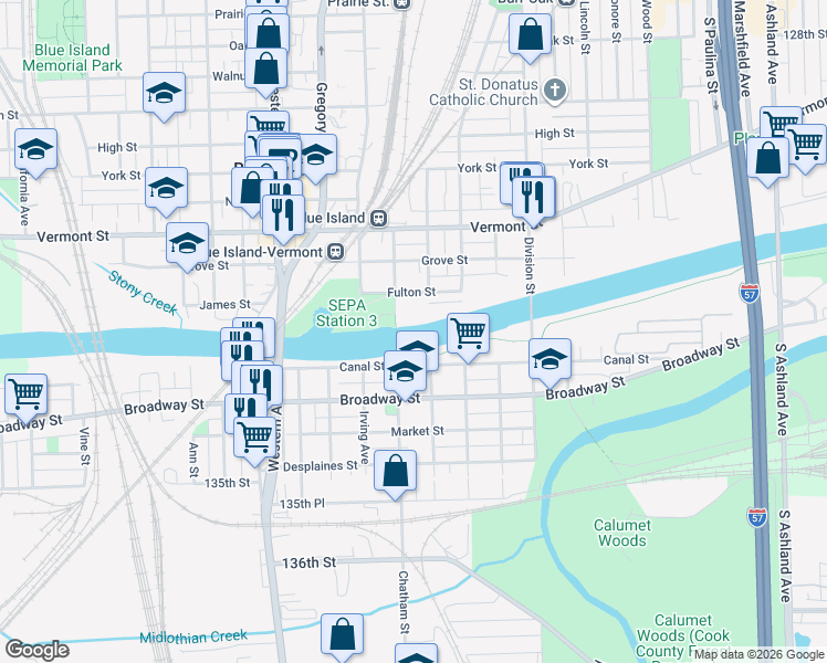 map of restaurants, bars, coffee shops, grocery stores, and more near 13240 Chicago Street in Blue Island