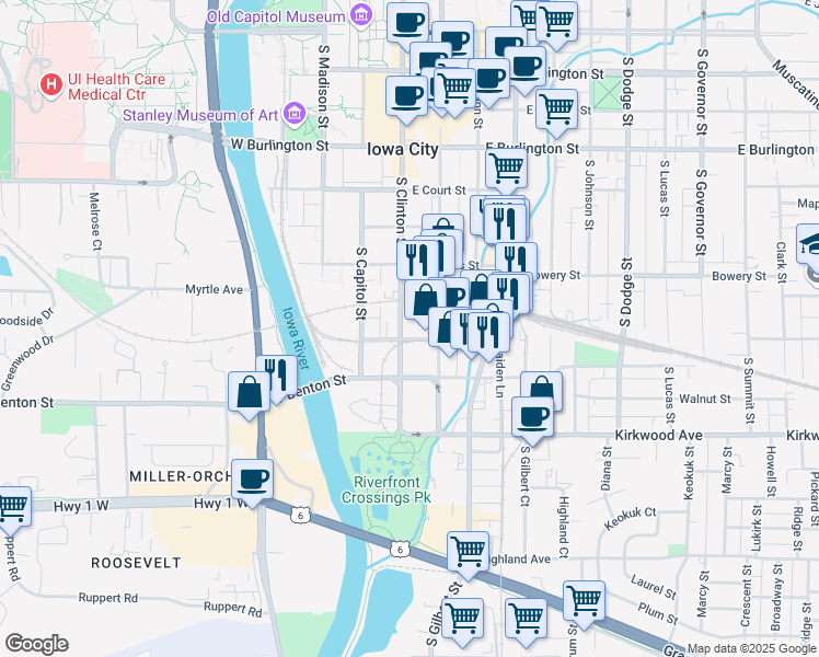 map of restaurants, bars, coffee shops, grocery stores, and more near 710 South Clinton Street in Iowa City
