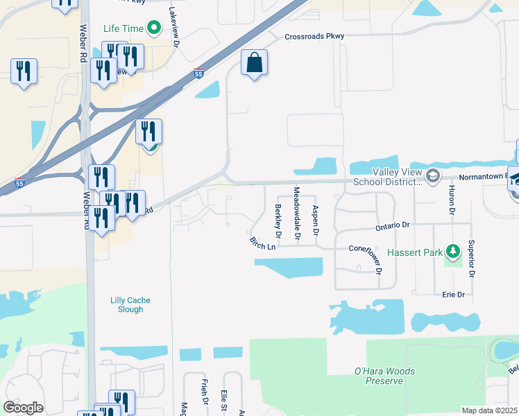 map of restaurants, bars, coffee shops, grocery stores, and more near 1089 Birch Lane in Romeoville