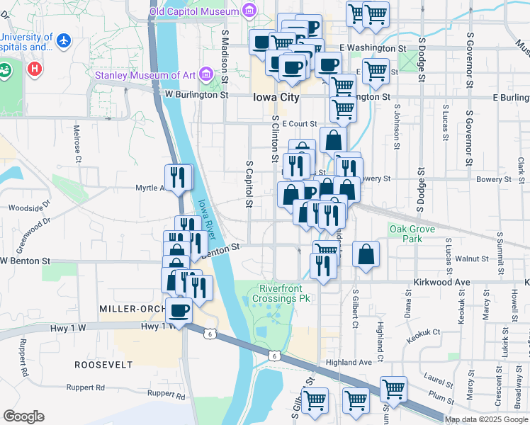 map of restaurants, bars, coffee shops, grocery stores, and more near 725 South Clinton Street in Iowa City