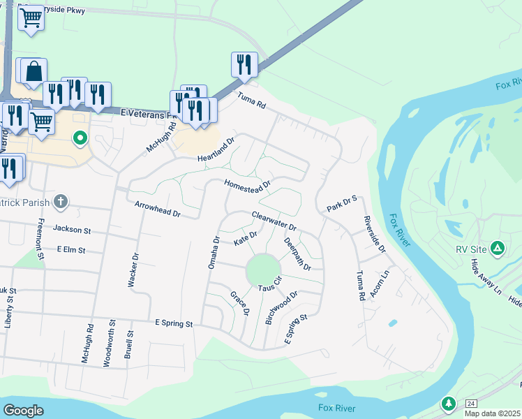 map of restaurants, bars, coffee shops, grocery stores, and more near 1202 Kate Drive in Yorkville