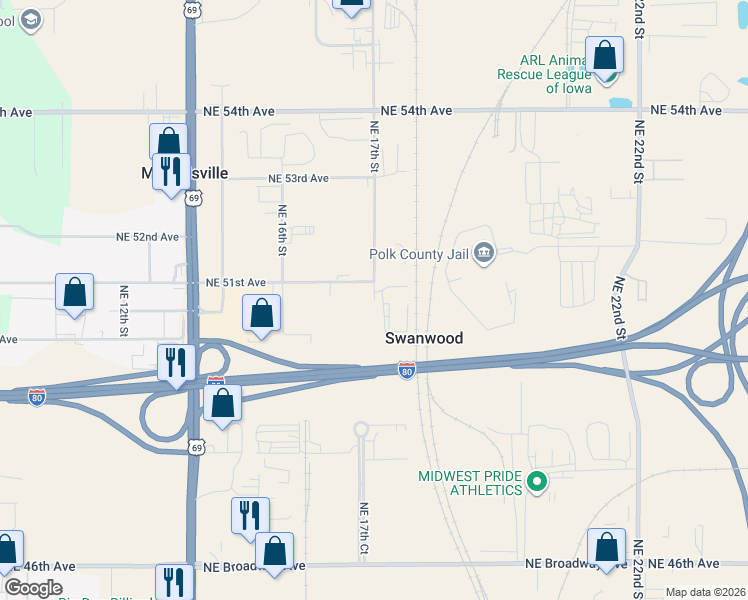 map of restaurants, bars, coffee shops, grocery stores, and more near 5001 Northeast 17th Street in Des Moines