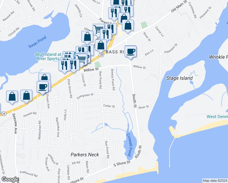map of restaurants, bars, coffee shops, grocery stores, and more near Breezy Point Road in Yarmouth