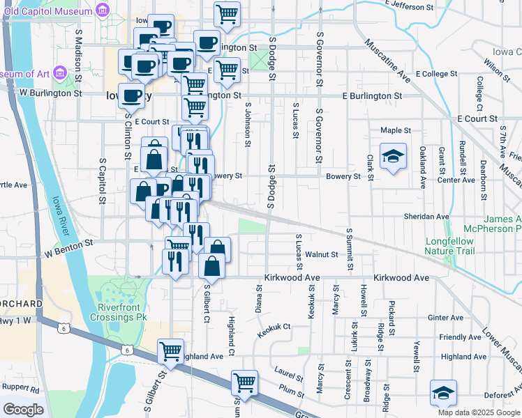 map of restaurants, bars, coffee shops, grocery stores, and more near 720 Page Street in Iowa City