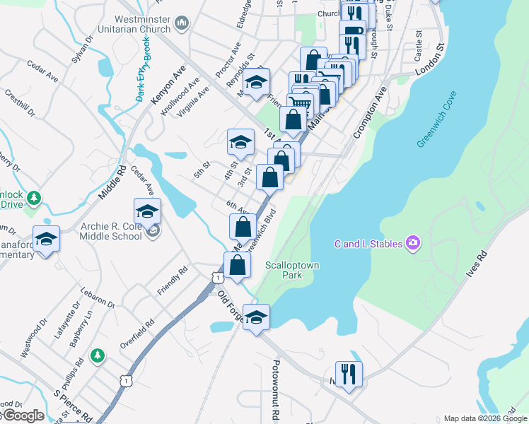 map of restaurants, bars, coffee shops, grocery stores, and more near 900 Main Street in East Greenwich