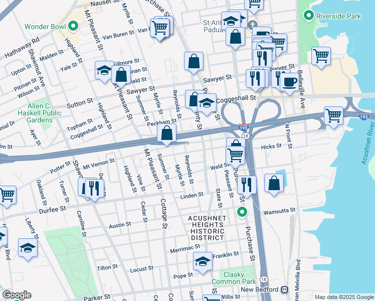 map of restaurants, bars, coffee shops, grocery stores, and more near 56 Reynolds Street in New Bedford