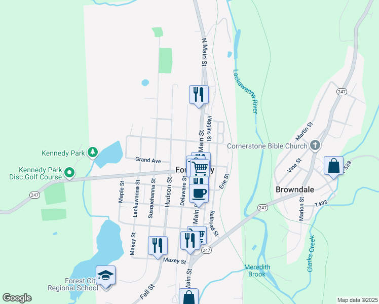 map of restaurants, bars, coffee shops, grocery stores, and more near in Forest City